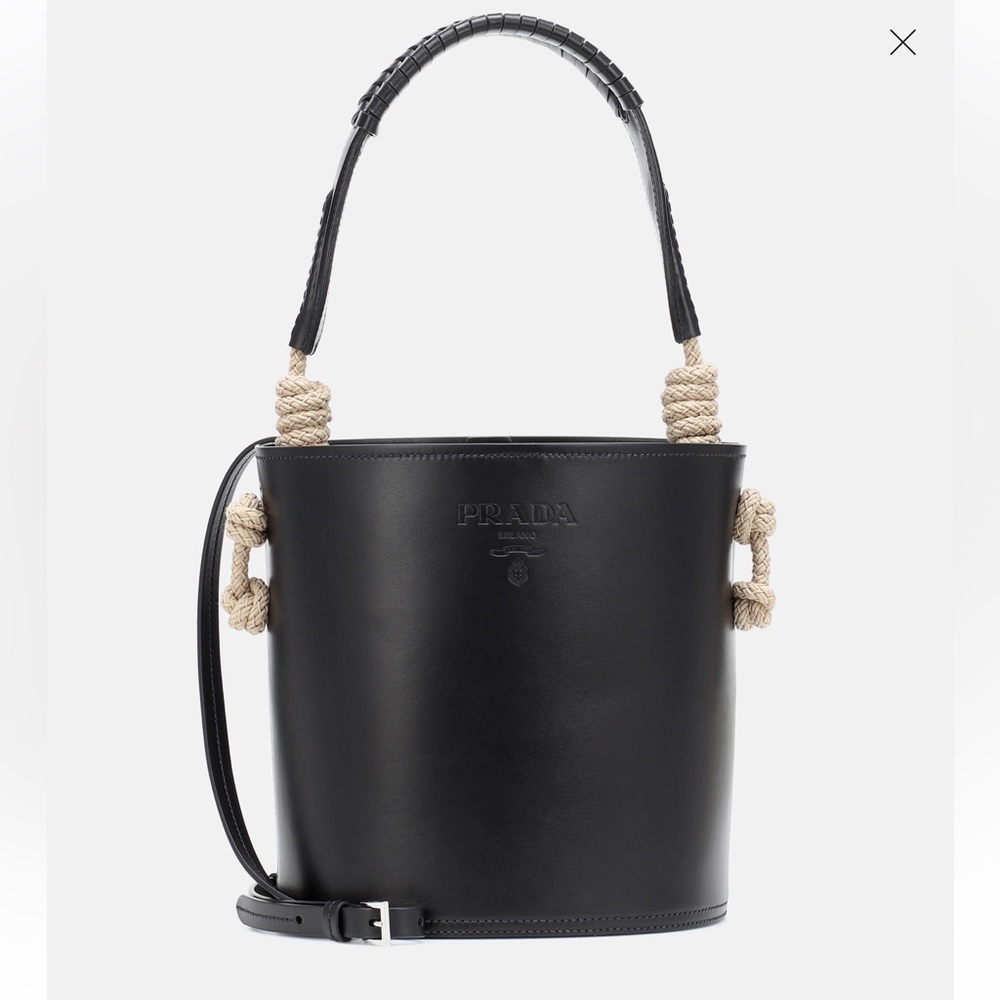 NWT PRADA Tambour Black leather Cord Detailed bucket bag